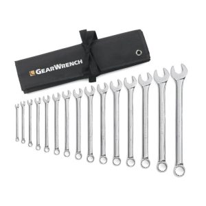 15 Piece 12 Point Long Pattern Combination Wrench Set with Tool Roll SAE | Tool Sets Hand Tools Silver