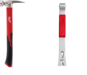 15inch Pry Bar & 19oz Smooth Face Hammer Bundle | Wrecking Pry Bars Hand Tools Red